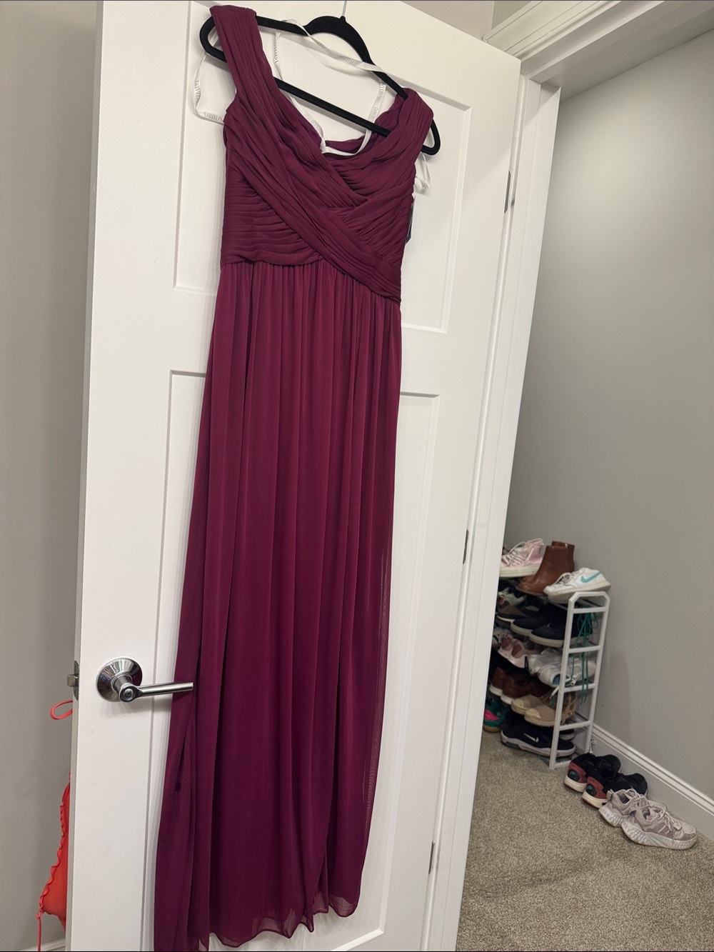 David's Bridal Plum Chiffon Ruched Maxi Dress